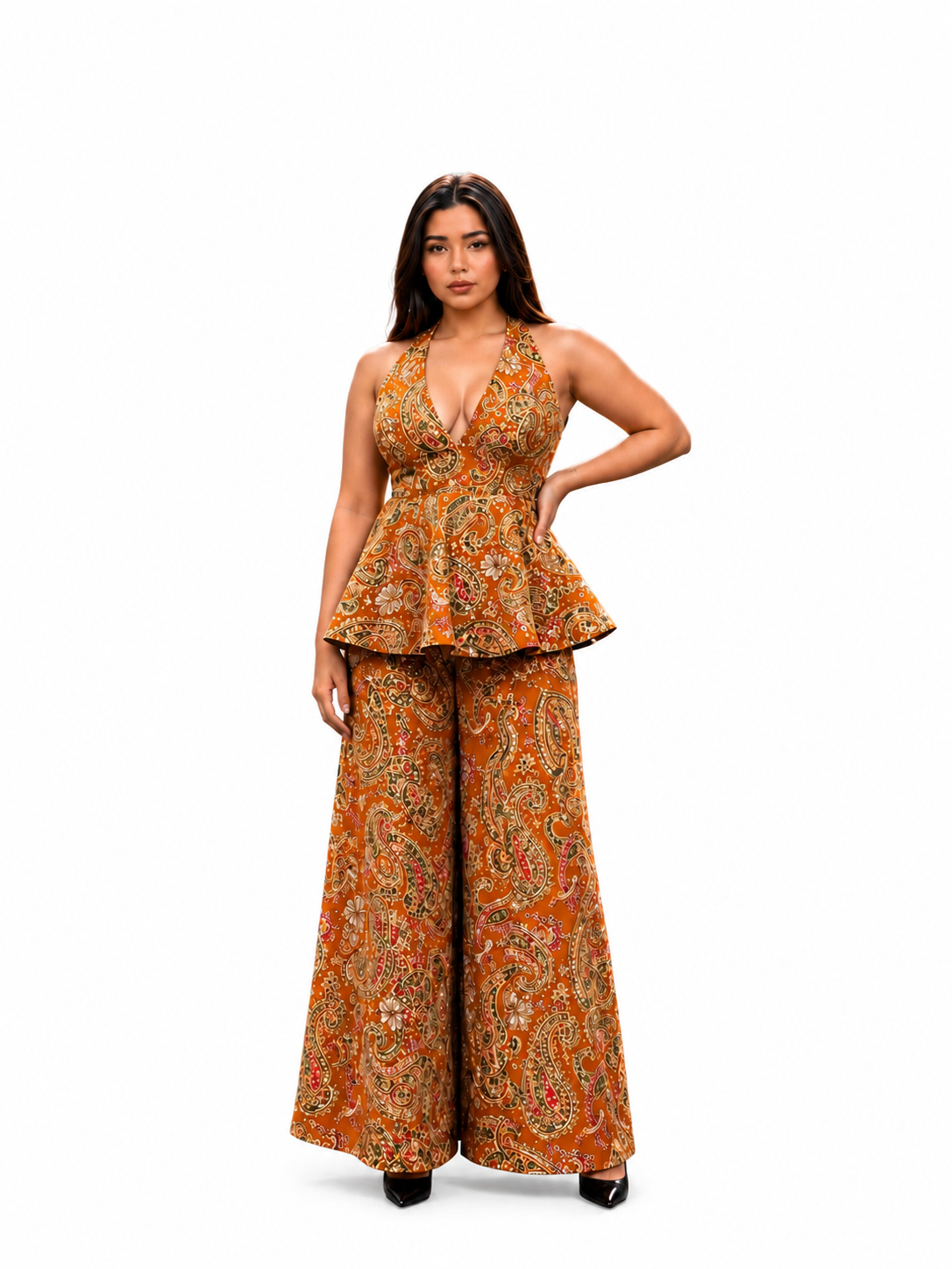 Paisley Print Peplum With Wide Leg Pants