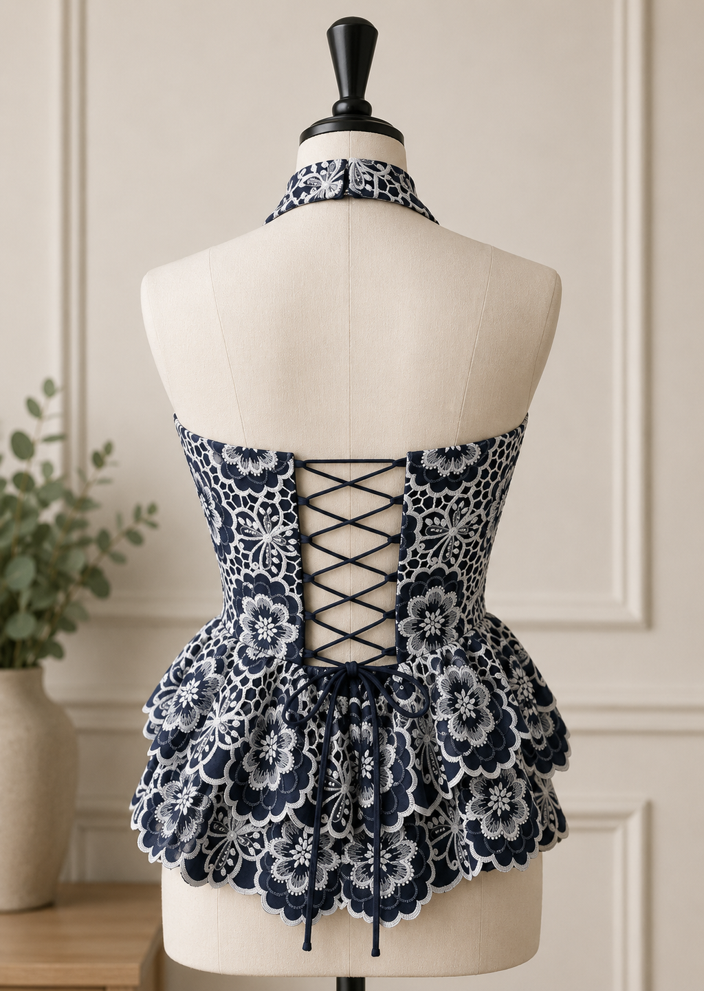 Navy & White Floral Halter Peplum Corset Top