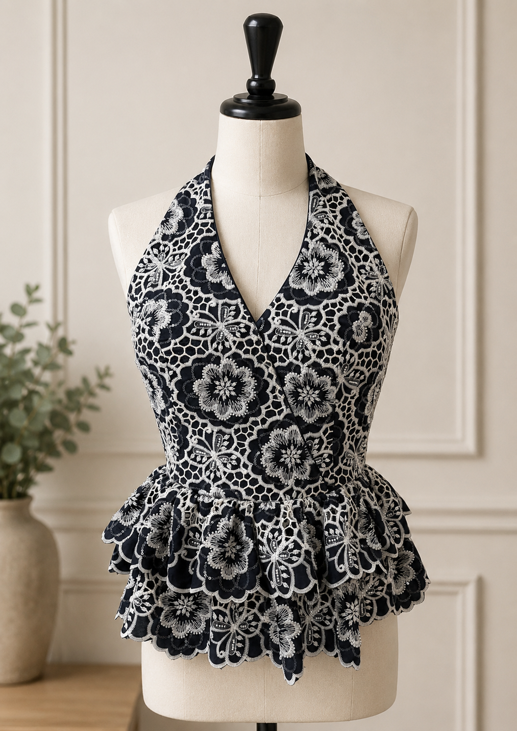 Navy & White Floral Halter Peplum Corset Top